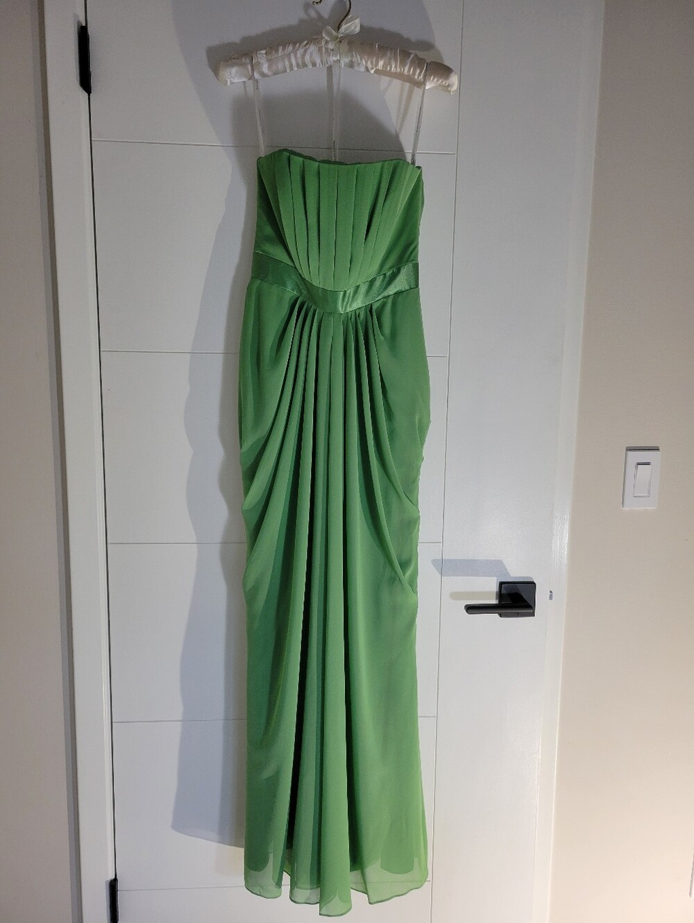 David's Bridal Strapless Sage Green Pleated Evening Gown
